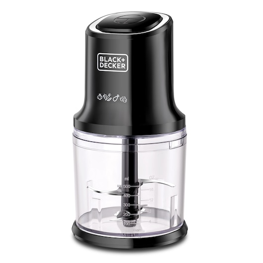 Photo of BLACK+DECKER MP4 food chopper in black with clear container, seen from front on white background.