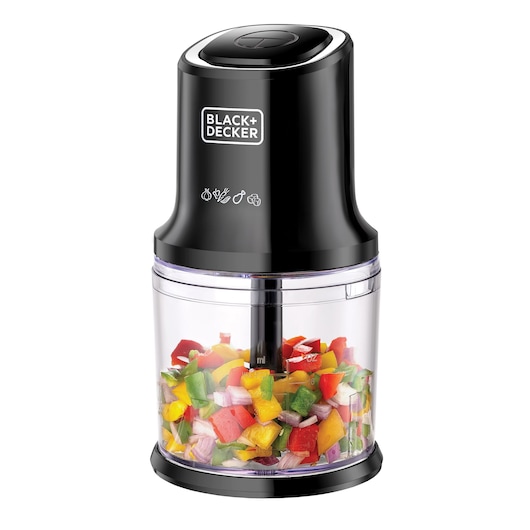 BLACK+DECKER MP4 food chopper, black finish, front angle, clear bowl with chopped vegetables.