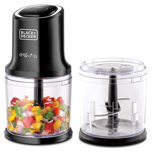 BLACK+DECKER MP4 food chopper with black motor unit and two clear containers, one filled with chopped vegetables, side view.