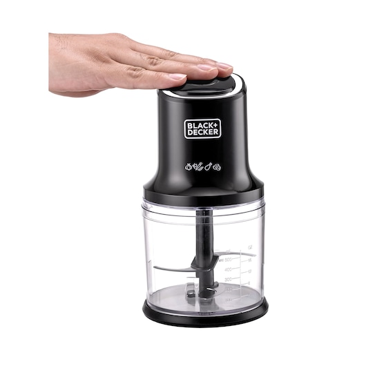 Photo of BLACK+DECKER MP4 food chopper, black with transparent bowl, hand pressing top, front angle, white background.