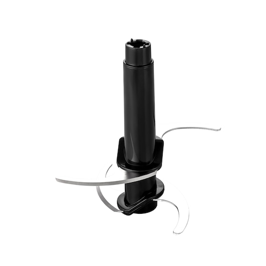 A BLACKDECKER food processor blade attachment with a black plastic central shaft and sharp stainless steel blades, photographed on a white background.