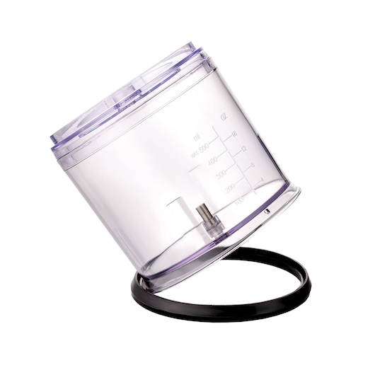A transparent plastic food processor or blender bowl with measurement markings in milliliters and ounces, shown at an angle with a black plastic ring at the base.