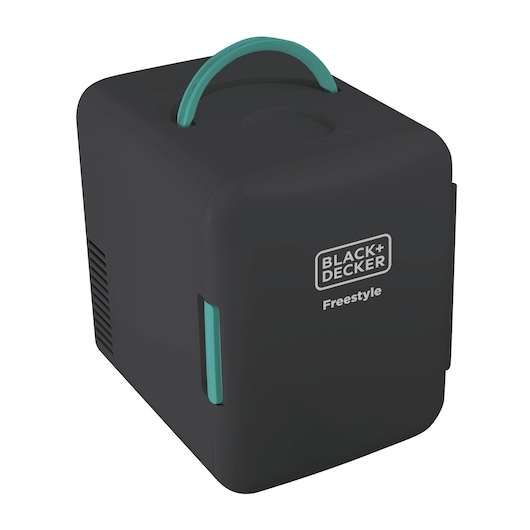 BLACK+DECKER MR60 compact black mini fridge with turquoise handle, angled front on white background.