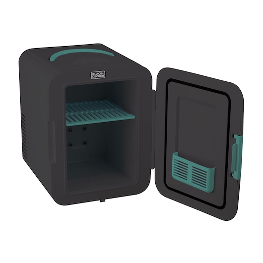 BLACK+DECKER MR60 compact mini fridge in black with teal accents, door open, interior shelf visible, front angle.