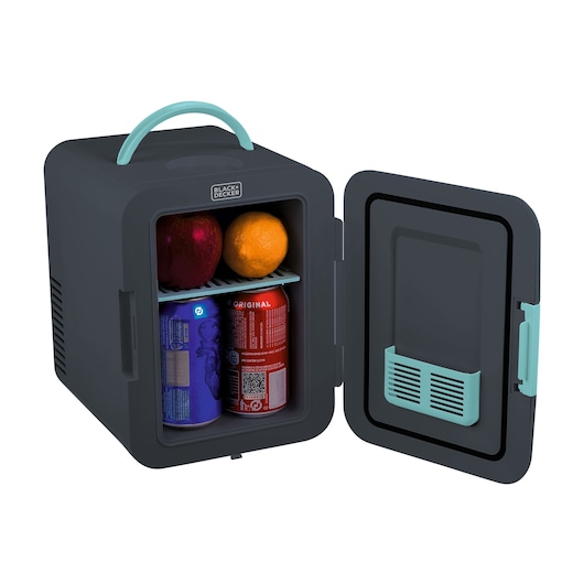 BLACKDECKER MR60 compact portable fridge with light blue handle, open door showing two cans and two fruits inside, front angle.