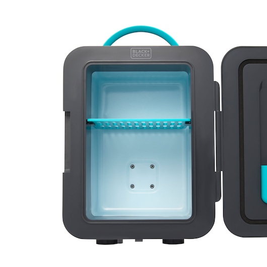 BLACKDECKER MR60 portable mini fridge with gray exterior, open door, and blue shelf, front angle.