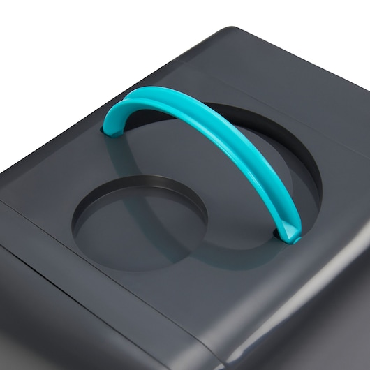 BLACKDECKER MR60 gray container lid with turquoise handle and recessed cup holders, top view.