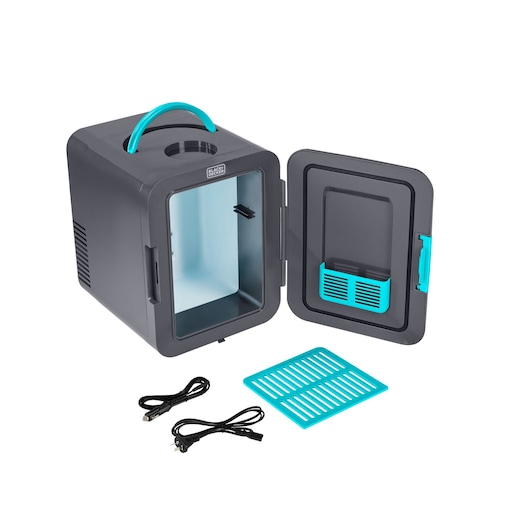 BLACKDECKER MR60 compact portable mini fridge in gray with blue handle, open door, two power cables, and blue shelf insert, front angle on white.