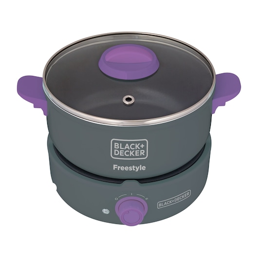 BLACK+DECKER PC700 electric cooker with glass lid and purple handles, front angle on white background.