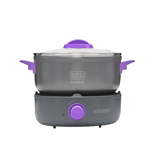BLACK+DECKER PC700 electric cooker with purple handles and knob, front angle, on white background.