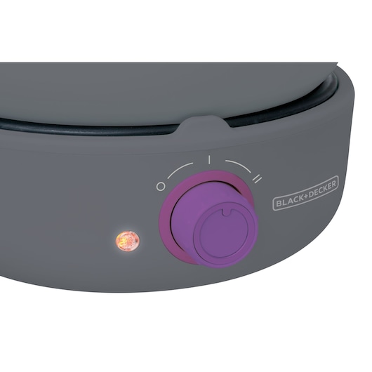 BLACK+DECKER PC700 photography of gray appliance front with purple control knob and indicator light, straight angle.