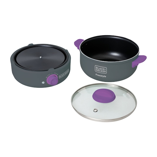 BLACK+DECKER PC700 electric pot set with cooker base, nonstick pot with purple handles, and glass lid, front angle.