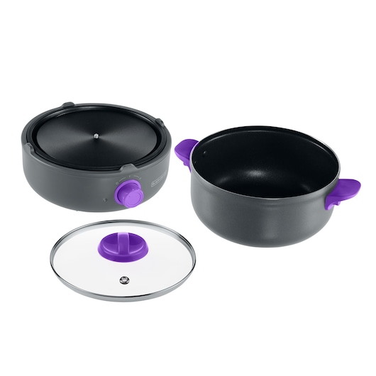 BLACKDECKER PC700 multi-cooker with black pot, purple handles, and glass lid, front angle.