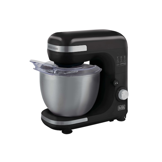 Photo of BLACK+DECKER PLAN2000P black stand mixer with large stainless steel bowl, side angle on white background.