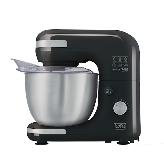 BLACK+DECKER PLAN2000P stand mixer in black with stainless steel bowl, side angle, white background.