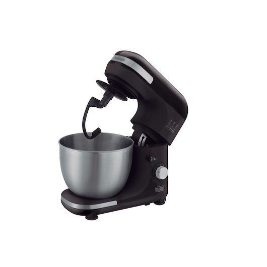 Photo of BLACKDECKER PLAN2000P black stand mixer with stainless steel mixing bowl, side angle on white background.