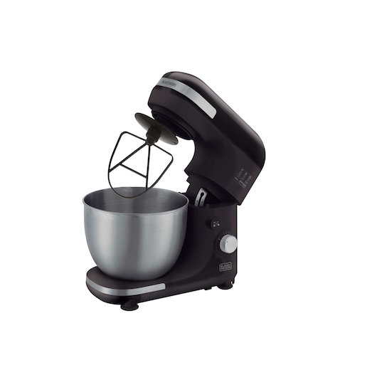 Photo of BLACKDECKER PLAN2000P black stand mixer with metal mixing bowl and beater attachment, side angle, white background.