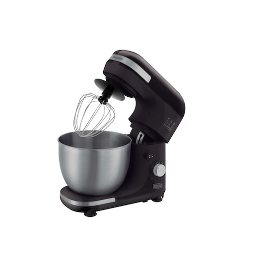 BLACKDECKER PLAN2000P stand mixer with metal bowl and whisk, side angle on white background.