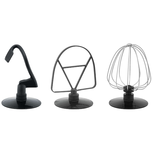 BLACKDECKER PLAN2000P mixer attachments set, dough hook, flat beater, wire whisk, front angle, photography