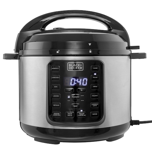 Photo of BLACK+DECKER PP900G stainless steel electric pressure cooker with digital display and multiple cooking presets, front angle.