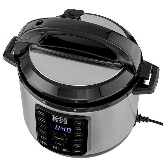 Photo of BLACK+DECKER electric pressure cooker PP900G in stainless steel with digital control panel, angled view.