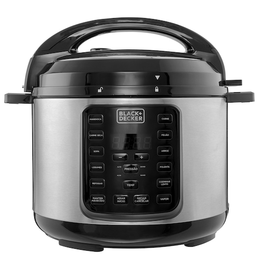 BLACKDECKER PP900G electric pressure cooker with digital control panel, stainless steel, front view on white.