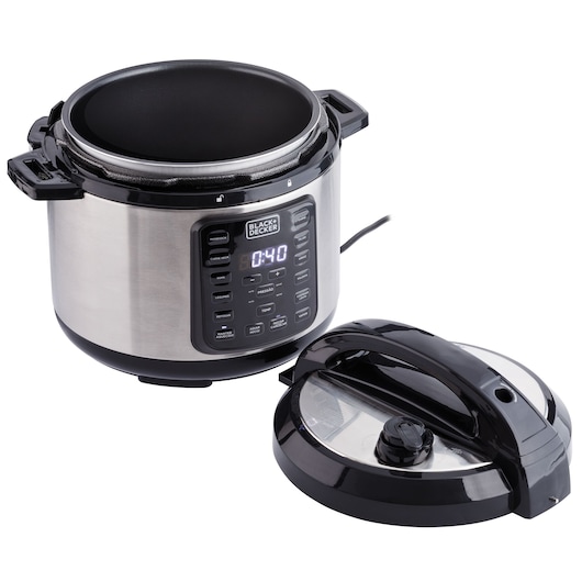 BLACKDECKER PP900G electric pressure cooker with control panel and removable lid, shown at front angle.