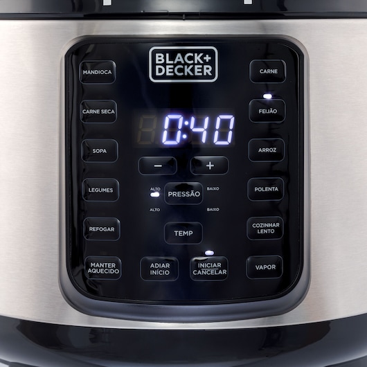 BLACK+DECKER PP900G multi-cooker control panel close-up with labeled buttons and digital timer display, front angle.