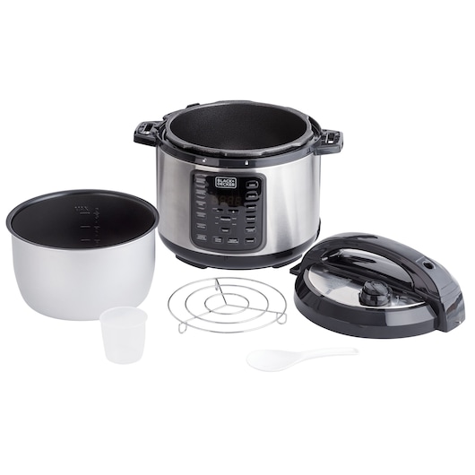 BLACKDECKER PP900G multi-function electric pressure cooker with removable pot, lid, rack, spoon, and measuring cup, front angle.