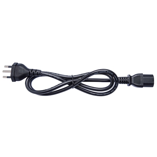 A black electrical power cord with a three-prong plug on one end and a rectangular connector on the other end, coiled neatly. The photo displays the cord against a white background.