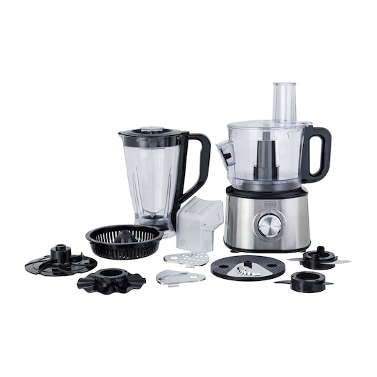 A Black+Decker multifunction food processor set, featuring a main processing unit with a transparent bowl and handle, a blender jar, a small chopper jar, citrus juicer attachment, and multiple slicing, grating and chopping discs and accessories, displayed on a white background.