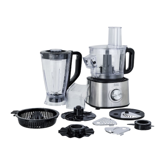 A BLACK+DECKER food processor set with multiple accessories, including a blender jar, chopper cup, citrus juicer attachment, and various blades and discs, all displayed against a white background.