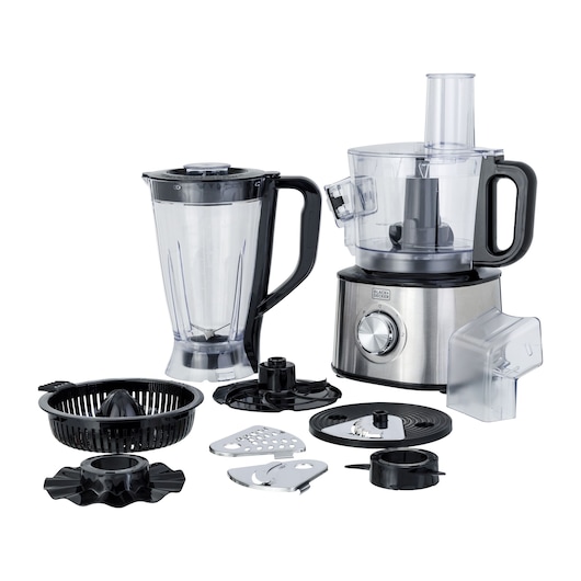 A multi-functional food processor set by BLACK+DECKER, featuring a main unit with a dial control, a transparent mixing bowl with handle, a blender attachment with jug and handle, a small grinder attachment, citrus juicer accessory, and several removable blades and discs for slicing, grating, and other food preparation tasks. All components are displayed neatly on a white background.