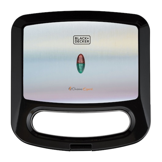 BLACK+DECKER SM800 sandwich maker with stainless steel top, black frame, and indicator lights, top view.