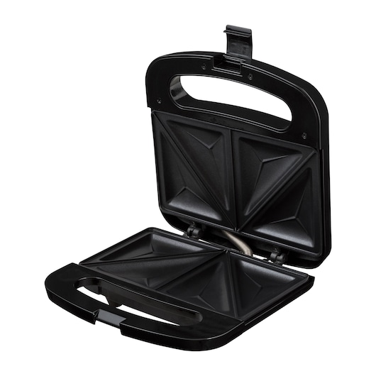 BLACKDECKER SM800 sandwich maker with open lid, black plastic, triangular non-stick plates, front angle.