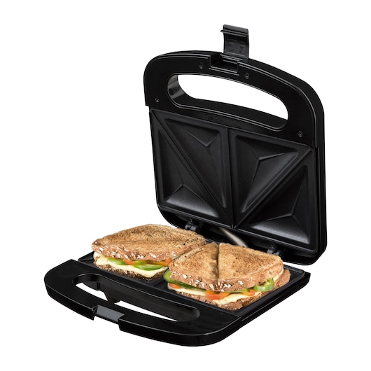 BLACKDECKER SM800 sandwich maker with open lid, showing two toasted sandwiches with visible vegetable filling, front angle.