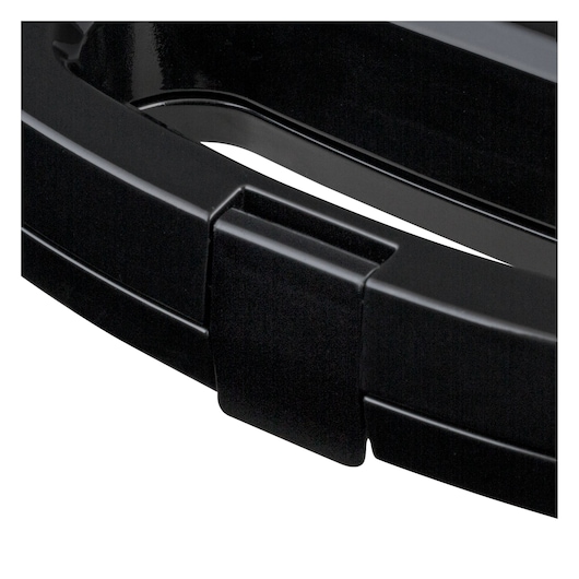 Close-up of BLACKDECKER SM800 black plastic handle with latching mechanism, product photography.