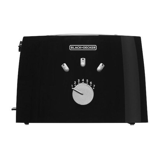 BLACK+DECKER TO810 black toaster, front view, with three silver buttons and numbered dial on white background.