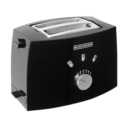 Photo of BLACKDECKER TO810 black two-slice toaster with control knob and buttons, front angle on white background.