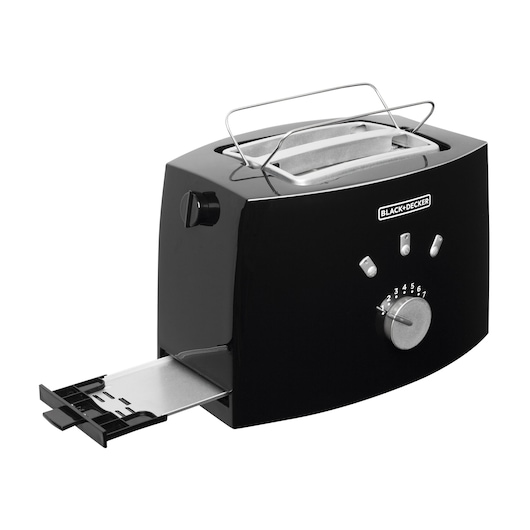Photo of BLACKDECKER TO810 black toaster with crumb tray, browning control knob, and wire rack, front angle.