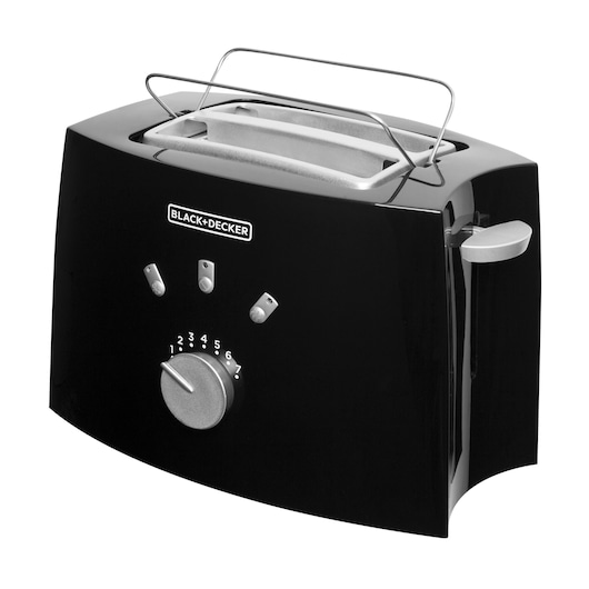 Photo of BLACK+DECKER TO810 black toaster with two slots, browning control dial, and side lever on white background.