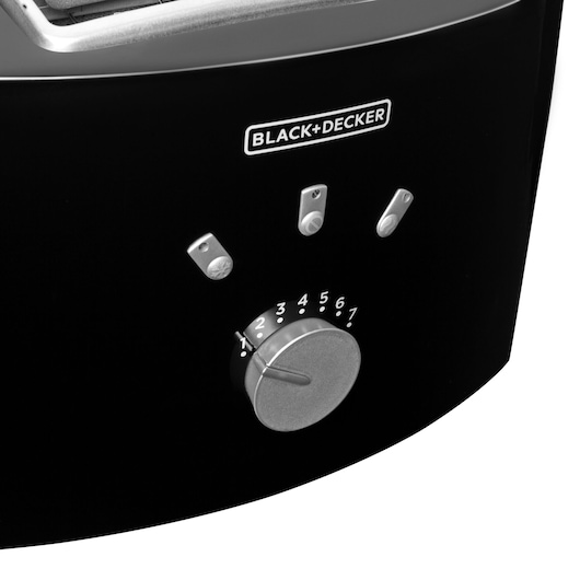 BLACK+DECKER TO810 toaster close-up, black finish, showing control knobs and settings on white background.