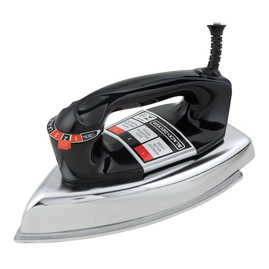 Photo of BLACK+DECKER VFA1110XM6 electric iron, black and silver body, adjustable temperature dial, side angle.
