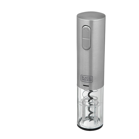 Photo of BLACKDECKER W10 electric stainless steel wine opener, vertical angle, clear acrylic base.