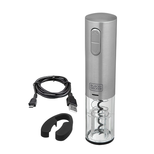 BLACK+DECKER W10 electric wine opener set with USB cable, foil cutter, product photography on white background.