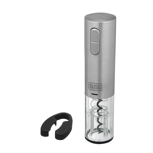 Photo of BLACK+DECKER W10 electric wine opener with silver body and black foil cutter, front angle.