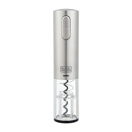BLACK+DECKER W10 electric wine opener with stainless steel body, clear base, front view.