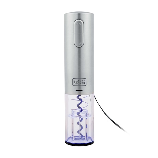 BLACKDECKER W10 electric wine opener in silver, front angle, with transparent lower section and visible corkscrew.