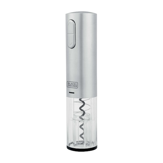 BLACK+DECKER W10 electric wine opener, silver and transparent design, front angle on white background.