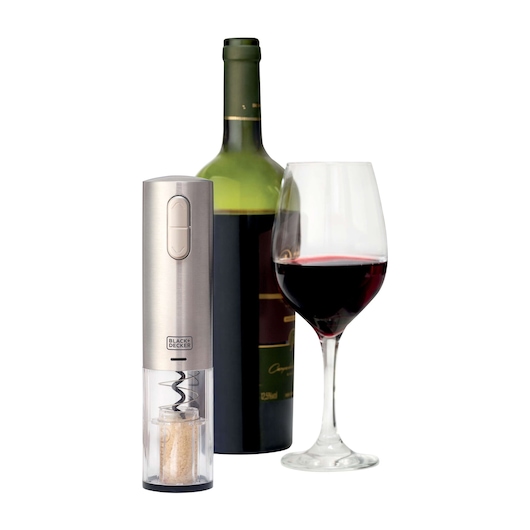 BLACK+DECKER W10 electric wine opener, stainless steel finish, shown with wine bottle and filled wine glass, front angle.